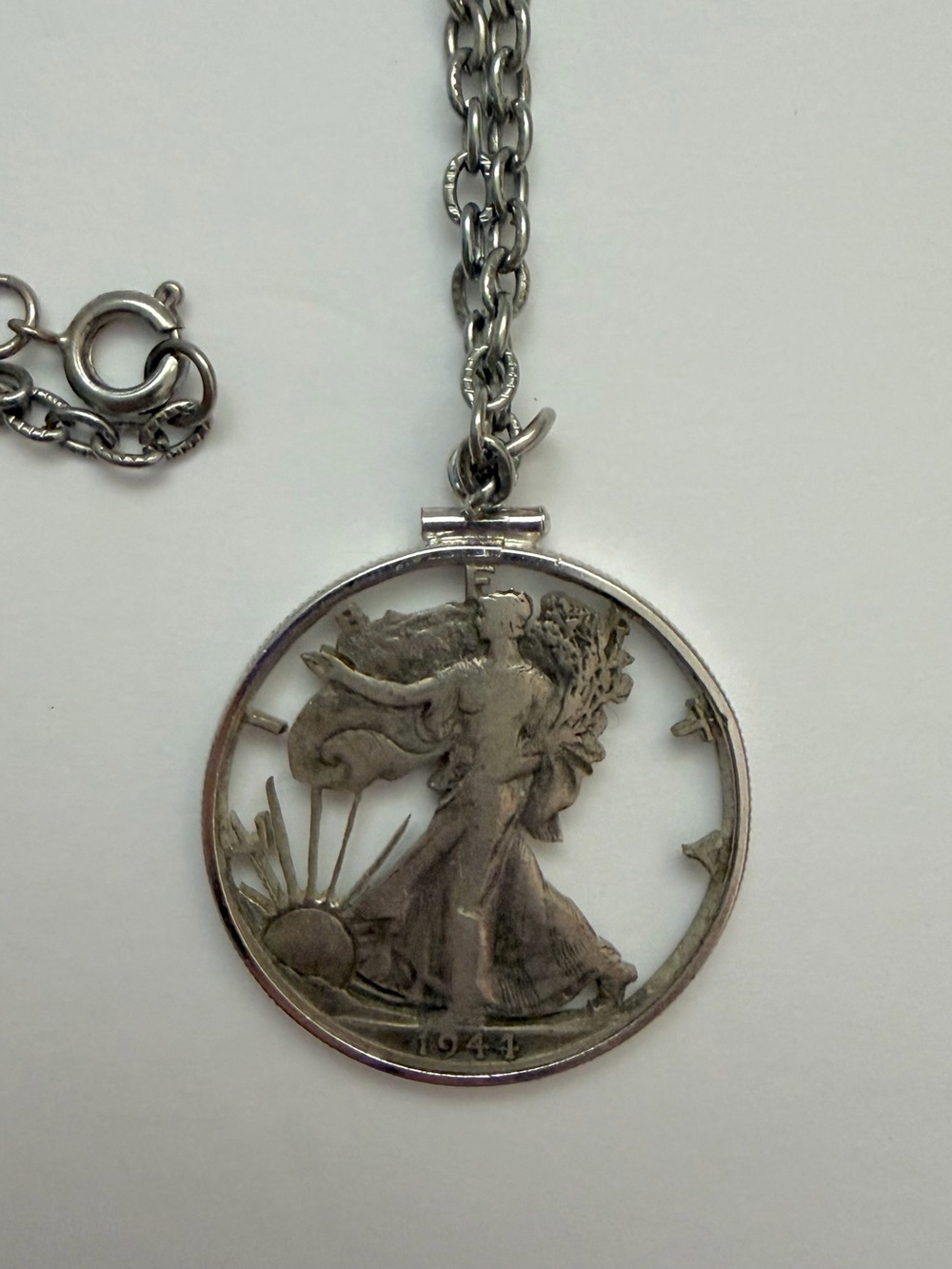 Vintage Silver Tone Walking Liberty 1944 Cut Coin Necklace
